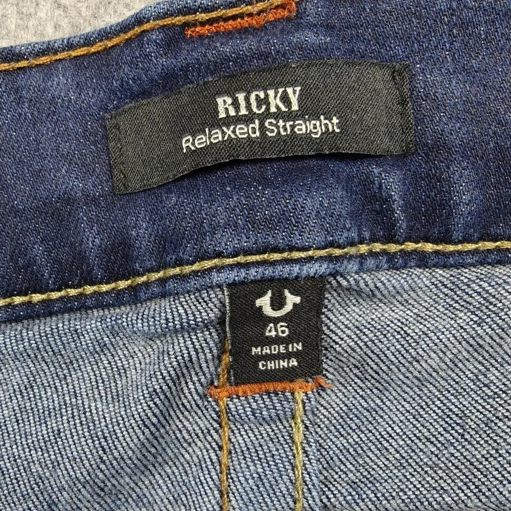 True Religion Ricky Jeans Mens 46x34 Blue Wash Relaxed Straight Stretch Denim